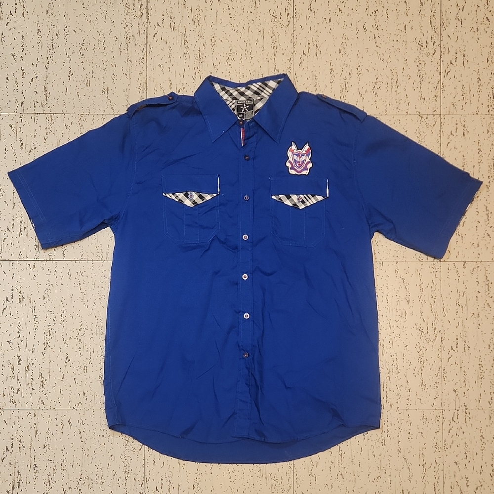 Avirex Royal Blue Crest Logo Button Down Short Sleeve Casual Shirt Vintage Y2K